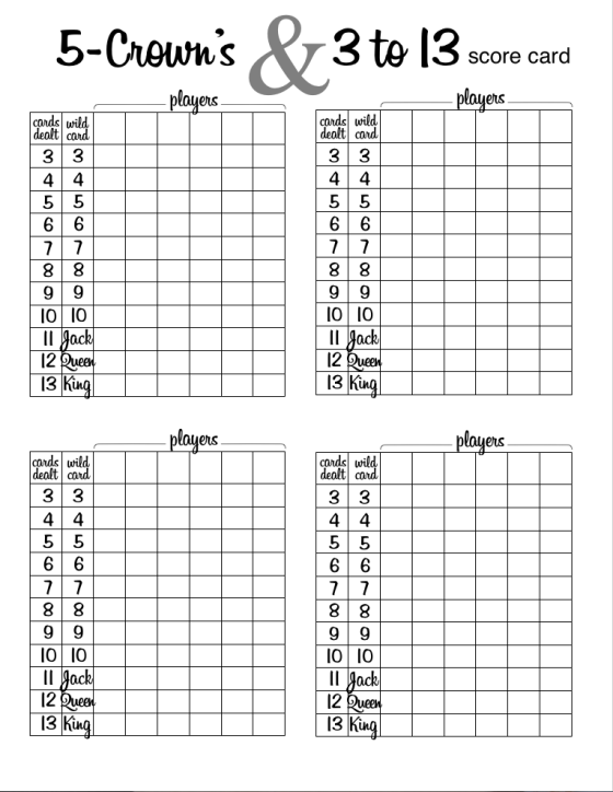 5-Crown's &amp; 3 to 13 Score Card
